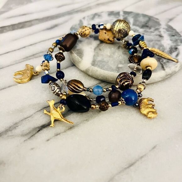 Double Wrap Gemstone Bracelet | Blue Beaded Gold Dangle Charms | Native American - Picture 2 of 6